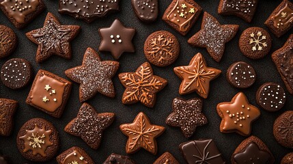 A fabric featuring chocolate brown Christmas cookies, subtly textured on a dark background, evoking a holiday vibe.