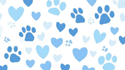 blue paw prints and hearts, creating an adorable dog-themed background for pet-inspired designs. The design incorporates soft pastel shades of light sky blue