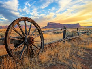 Fototapeta premium Rustic Wooden Wheel Near Scenic Landscape at Sunset in Desert