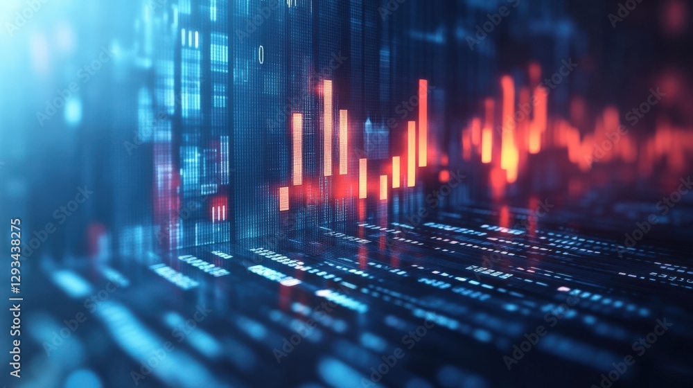 Poster a stunning digital visualization of financial market trends featuring vibrant data points and dynami