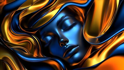 A stylized, abstract depiction of a woman's face surrounded by flowing, vibrant colors of blue and gold. Concept Abstract Art, Vibrant Colors, Woman's Face, Blue and Gold Palette, Flowing Design