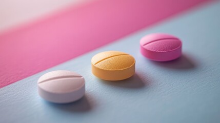 Close-up of three colorful pills on a pastel background.