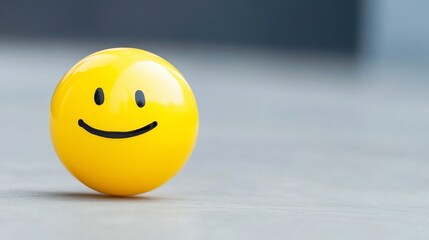 Fototapeta premium Yellow sphere with a simple smiling face on a gray surface. The lighting is soft and diffused, creating a calm mood. The background is blurred and
