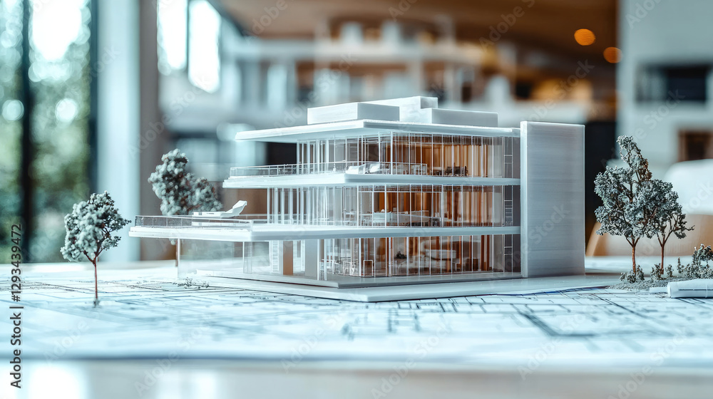 Aufkleber detailed architectural model showcasing modern building design with trees and blueprints
