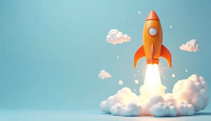 3D render of cartoon orange rocket launching with clouds on blue background. Spacecraft takes off with flames and smoke. Startup concept, innovation and modern tech development.