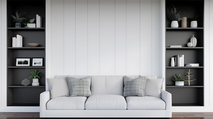 Modern Living Room with White Sofa and Dark Bookshelves