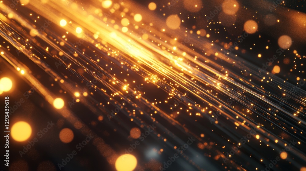 Poster bright abstract golden lights with lens flares crossing diagonally in motion, evoking a sense of ene