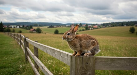 A polish rabbit perched on a wooden fence in a serene countryside landscape with rolling hills and houses - "polish rabbit"