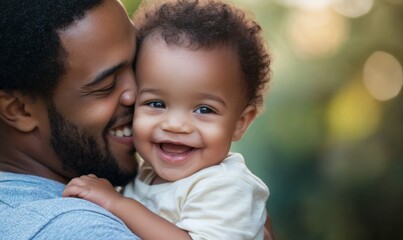Obraz premium Father holds smiling baby in warm outdoor setting