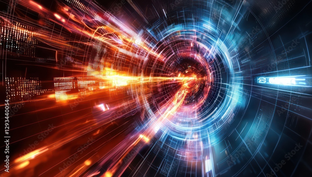 Poster technological advancements and connectivity featured in an abstract digital evolution visualization.