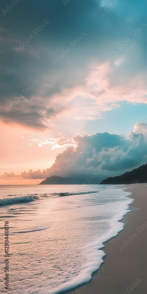 Poster serene beach sunset with dynamic clouds and gentle waves at dusk