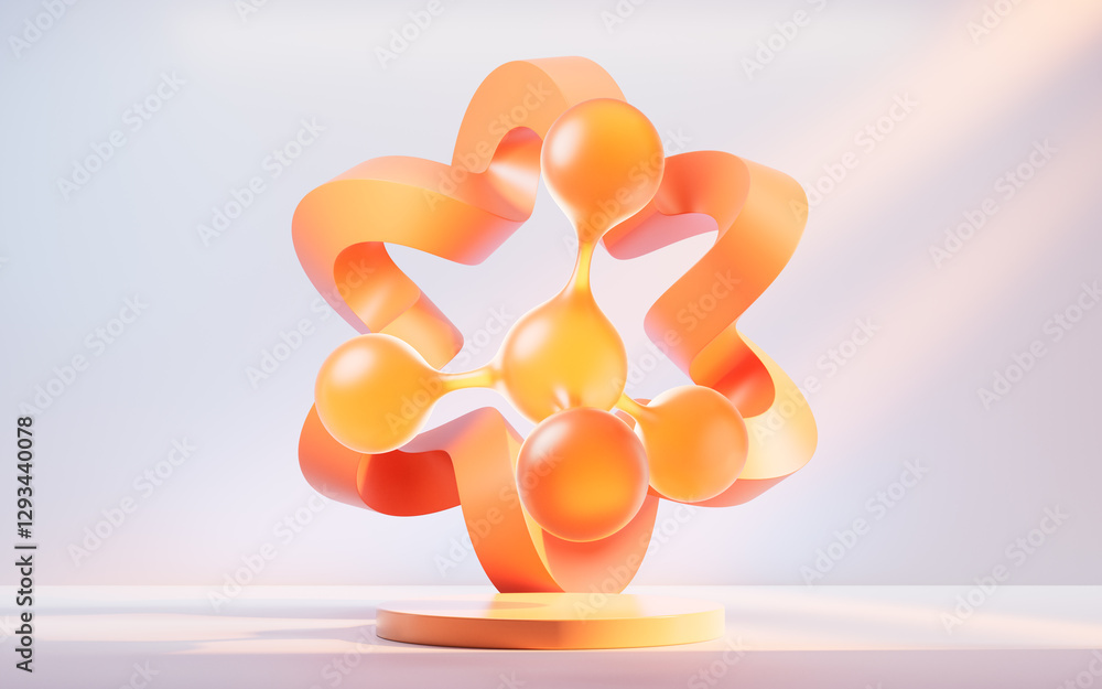 Poster golden molecule with orange curve frame background, 3d rendering.