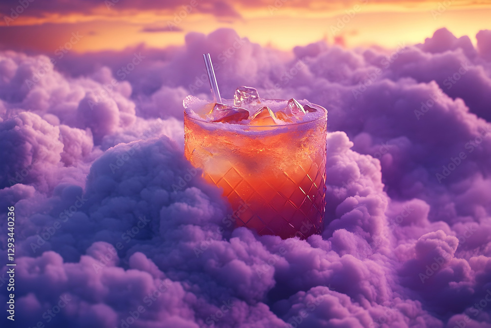 Poster a refreshing cocktail floating amidst the clouds at sunset creating an atmosphere of relaxation and 