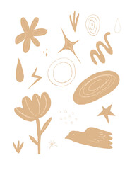 Minimalist abstract vector clipart with hand-drawn organic shapes, flowers, stars, and a bird in beige tones. Ideal for branding, prints, stickers, digital design, and creative projects.