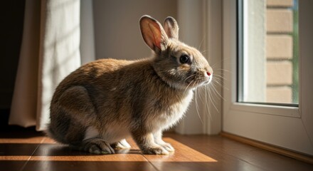Obraz premium A curious polish rabbit sitting by a sunny window, observing the outside world with interest - 