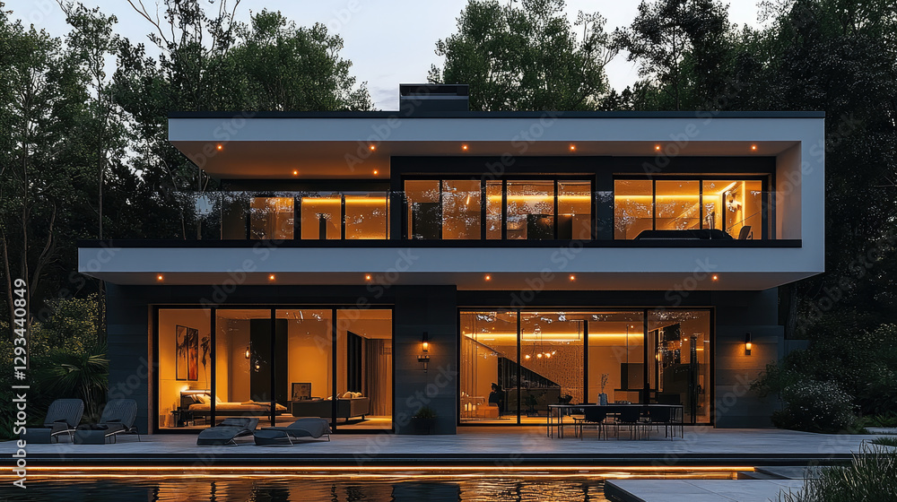 Poster modern luxury house exterior with large windows and warm lighting, surrounded by trees and pool, cre