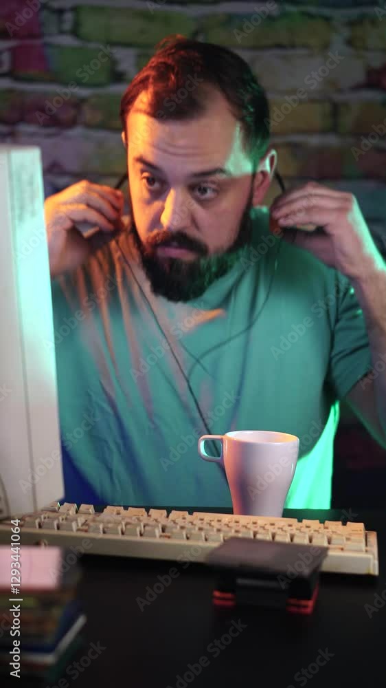Poster man with beard in front of computer monitor form 1990's starts listening music using old headphones,