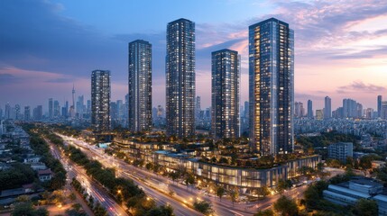 Panoramic twilight view of three modern skyscrapers with cityscape, road, and lush greenery.