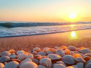 Obraz premium Captivating sunset over sandy beach shells in focus coastal landscape tranquil environment low angle view