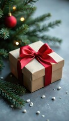 A red ribbon tied box with Christmas tree branches on a grey surface, red ribbon, ribbons, winter