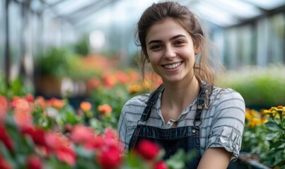 Smiling woman tending to flowers in a bright greenhouse