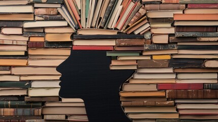 Fototapeta premium Silhouette of a head filled with books. Concept of knowledge, education, learning, and wisdom.