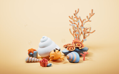 Scallop shell underwater with cartoon style, 3d rendering.