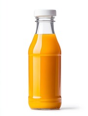 Clear glass bottle filled with vibrant orange juice, set against a clean white background. The bottle has a white cap and features a slightly tapered