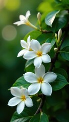 Obraz premium Fragrant white flowers blooming on a climbing vine, gardenia, white