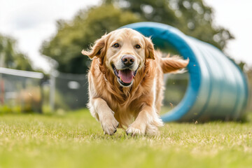 A joyful Golden Retriever dog effortlessly jumping through an agility course in the summer sun
