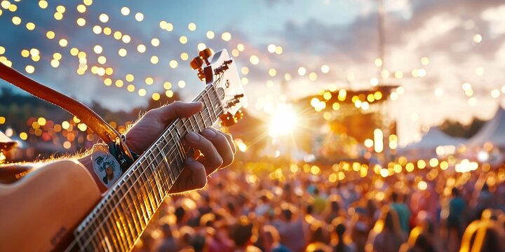 summer concerts concept. Guitar Player at Sunset Music Festival Celebration