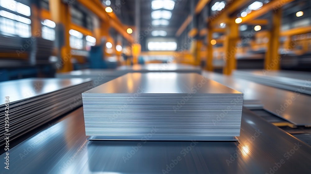 Poster close-up view of steel sheets in a modern metal industry workshop with soft lighting and sharp detai