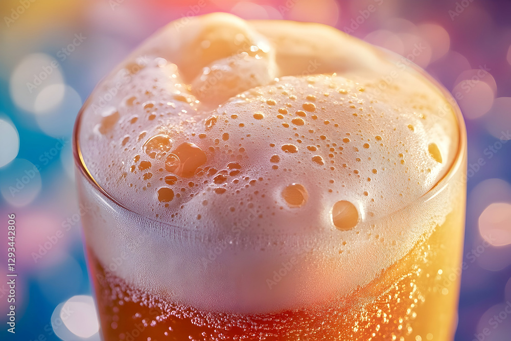 Aufkleber close-up of refreshing beer with frothy head and vibrant bokeh background