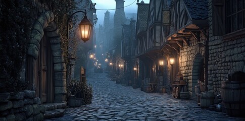 Quiet cobblestone street illuminated by lanterns in a medieval village at dusk with a tranquil atmosphere