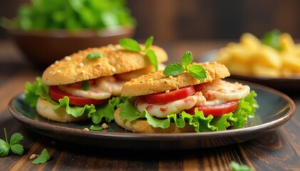 Platos de ensalada y sandwich en una barra de trabajo, alimentos, barra de trabajo,