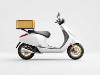 Fototapeta premium White delivery scooter with a golden box on a white background. Studio shot, side view