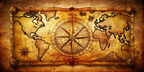 Fototapeta premium Vintage Nautical Treasure Map Background - Aged Paper Texture, Compass Rose, Pirate Symbols