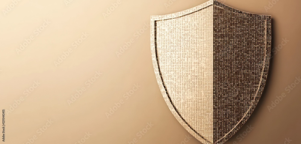 Aufkleber neutral background features a binary-coded shield emphasizing stringent data security measures.