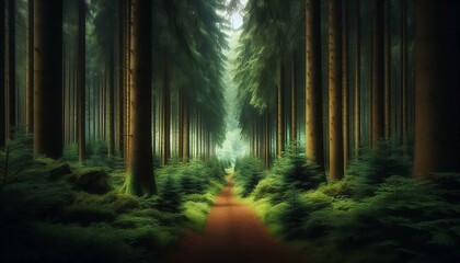 Naklejka premium Enchanting Forest Pathway – Tranquil Nature Landscape, Green Wilderness, and Serene Woodland Scene.