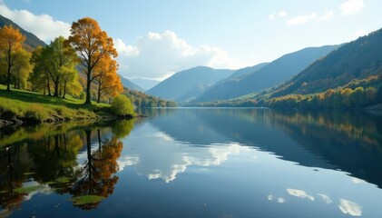 Naklejka premium Serene landscape of Lough Tay with trees reflected in water, peaceful, lake