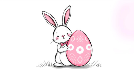 White Easter bunny with egg white colorful background wallpaper backdrop hd green grass holding colorful easter eggs watercolor Illustration greeting Easter