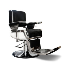Chrome barber chair  with black leather isolated. PNG