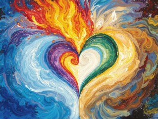 Abstract painting of a heart formed by swirling colors representing the four elements: fire, water, earth and air.