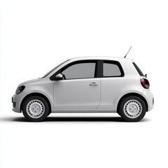 Obraz premium White small hatchback car profile view against a white background. Clean lines, simple design, compact size. Studio shot