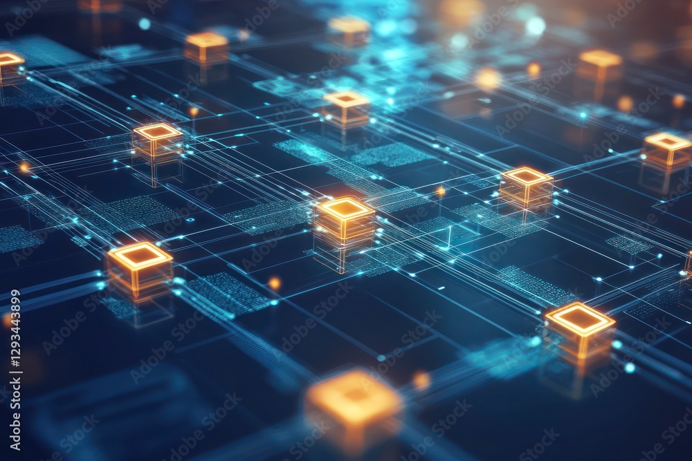 Poster blockchain visualization shows secure, glowing chains dynamically connecting data.