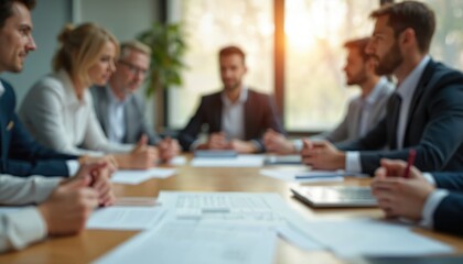 Fototapeta premium Blurred shot of employee meeting in office. Diverse business team brainstorms in boardroom, plans strategy. Corporate staff discusses ideas, shares thoughts at workshop. Teamwork and collaboration.