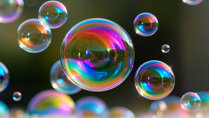 close-up view of numerous soap bubbles floating in the air. The bubbles are of various sizes, some are translucent and others are more opaque.
