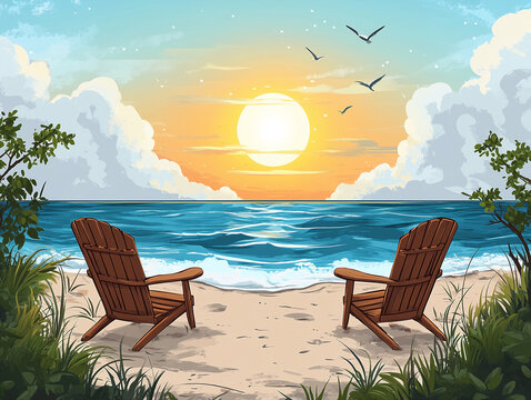 Cartoon vacation escape, fun beachside day at the ocean.