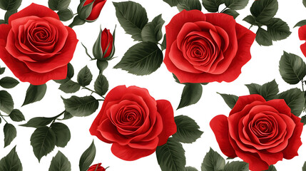 Elegant floral seamless pattern with red roses and green leaves for decorative design. Wallpaper, packaging design, fabric textiles. 