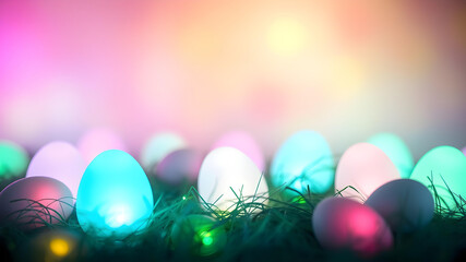 Fototapeta premium Atmospheric beautiful scene with glowing gradient easter eggs on grass lights placed on vibrant wallpaper backdrop background hd with blurry flowers reflection cotton clouds moody red ornament